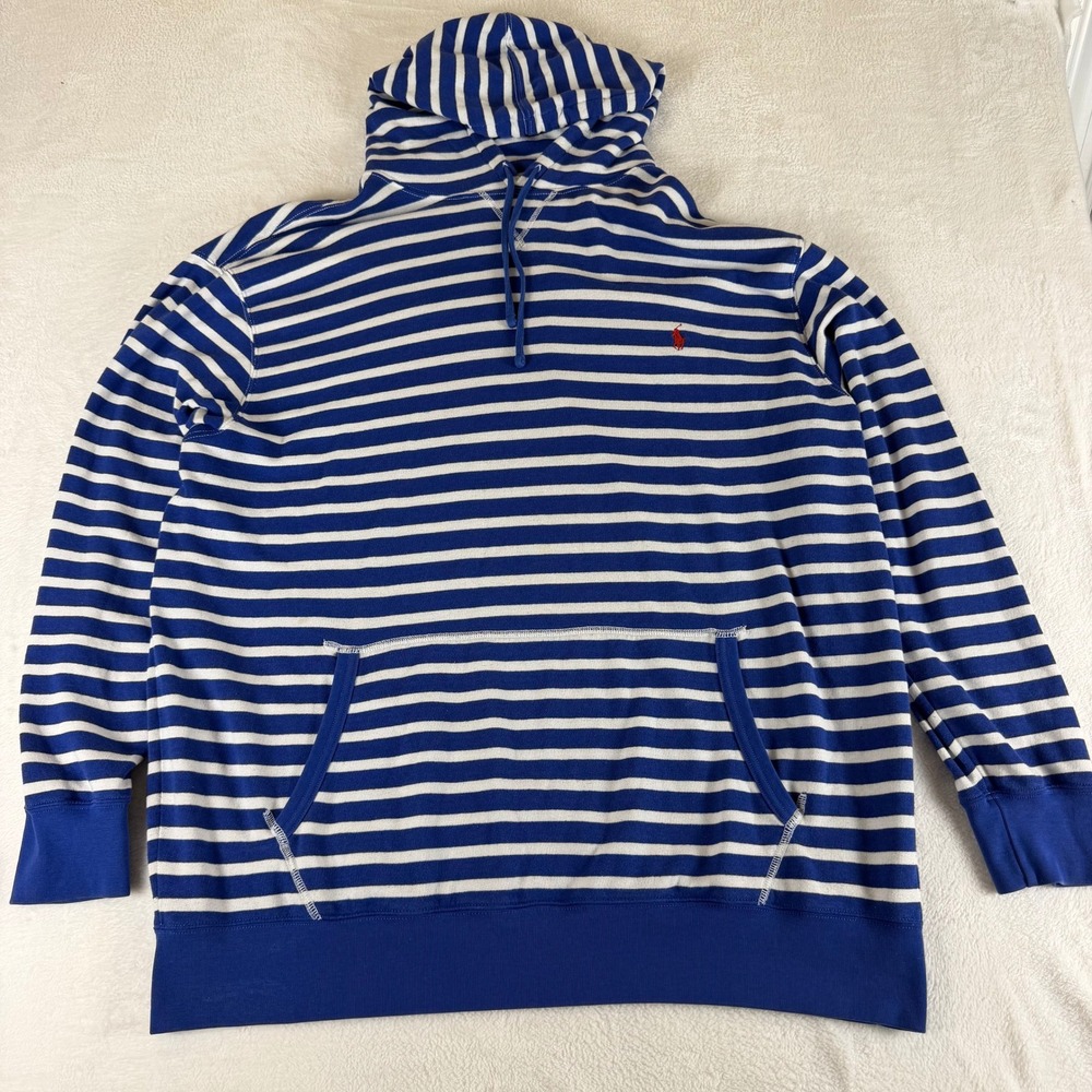 Polo Ralph Lauren Hoodie Striped Mens 2XLT Blue White Tall Sweatshirt Red Pony